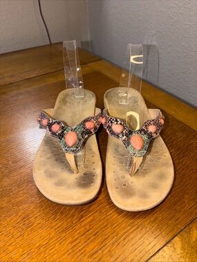 Vionic Coral Stone T-Strap Sandals with Snake-Print Trim